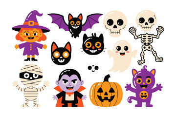 Obraz premium Cute halloween character collection featuring witch skeleton mummy ghost bat cat and pumpkin for festive holiday decorations and party