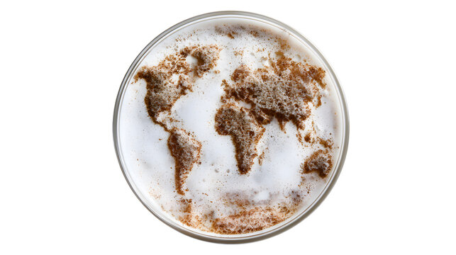 Global map created with brown powder on latte foam top view