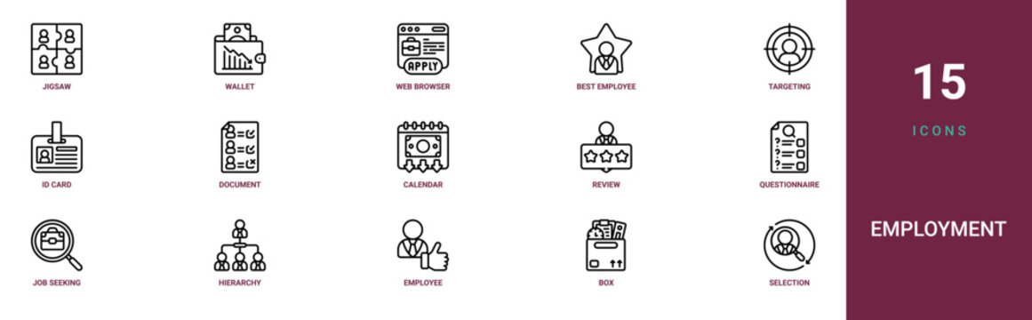 Set of 15 outline web Employment icons such as selection process, box, employee, hierarchy, job seeking, questionnaire, review vector icons for report, presentation, diagram, web design, mobile app