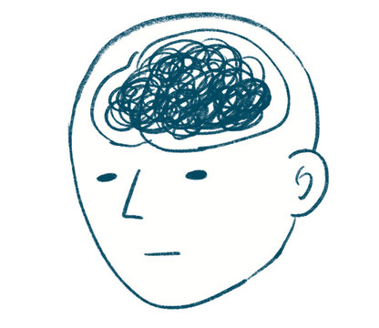 Graphic recording illustration of a person with a messy tangled brain representing confusion or stress