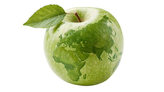 Green apple with world map texture on black background