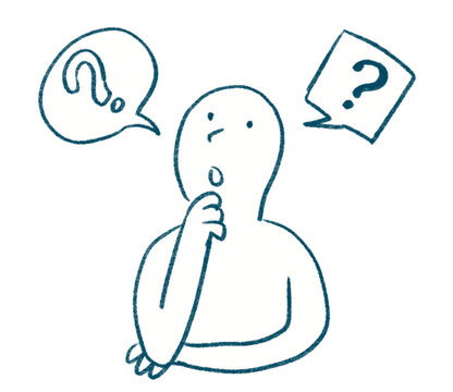 Thinking character with question marks in speech bubbles, expressing doubt, curiosity and decision making in graphic recording style, simple hand drawn line illustration
