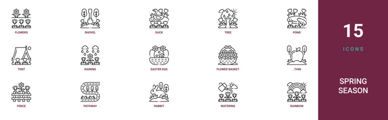 Fototapeta premium Set of 15 outline web Spring Season icons such as rainbow, watering, rabbit, pathway, fence,. Thin isolated on white background, flower basket vector icons for report, presentation, diagram, web