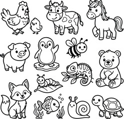 Fototapeta premium Cute Animals Coloring Page Vector Set for Kids with Farm and Wild Creatures