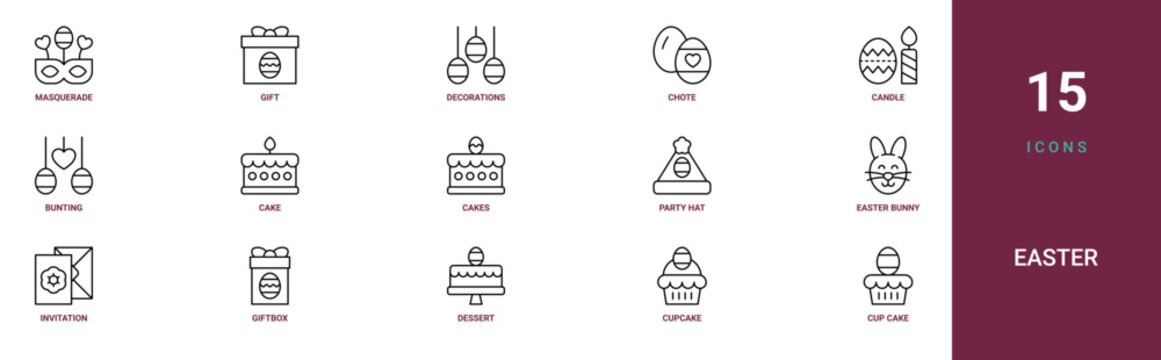Set of 15 outline web Easter icons such as cup cake, cupcake, dessert, giftbox, invitation, easter bunny, party hat vector icons for report, presentation, diagram, web design, mobile app