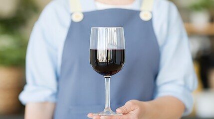 Obraz premium Close-up of Person in Apron Holding a Glass of Rich Red Wine, Perfect for Culinary and Hospitality Themes