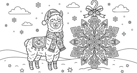 Obraz premium Cute cartoon llama standing beside intricate snowflake pattern alpaca black and white line intricate pattern