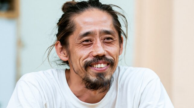 Happy Asian Man with Top Knot and Beard Smiling Naturally in Casual White T-Shirt