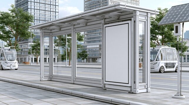 Modern automated shuttle bus stop shelter with blank advertising screen in futuristic city