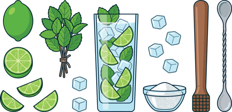 Fresh mojito cocktail vector illustration set with lime slices mint leaves highball glass ice cubes sugar bowl wooden muddler bar spoon on white background.