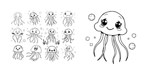 Fototapeta premium Happy Cartoon Jellyfish Floating Simple Kids Coloring Book Line Art