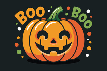 Halloween boo typography with a large smiling jack-o-lantern and colorful polka dots for festive seasonal party and decoration © BlackVault Designs