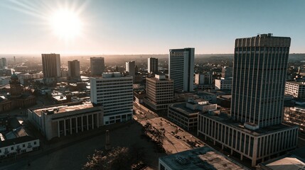 Fototapeta premium Sunlit Urban Skyline with Tall Buildings and Cityscape at Dawn, Capturing the City's Energy