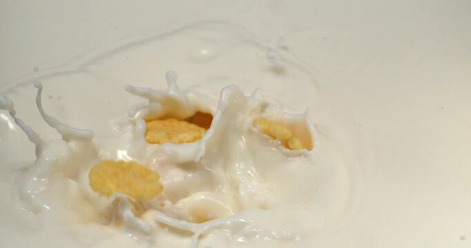 Corn flakes falling into milk with splash in super slow motion 1000 fps