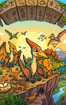 Colorful cartoon illustration of a prehistoric dinosaur landscape featuring various dinosaur species, including pterodactyls, triceratops, and stegosaurus, framed by an ancient carved stone archway.