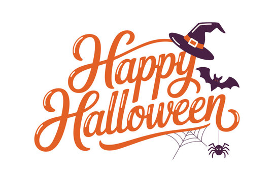 Happy halloween orange calligraphy lettering with witch hat bat and spider web accents for festive seasonal holiday greeting cards and posters
