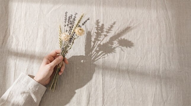 A person holds a small bouquet of dried lavender and wheat against a neutral linen background with dramatic long shadows cast by bright natural side lighting with arrangement