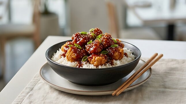 Delicious bowl of sticky sesame chicken with steamed white rice and chopsticks. general tso chicken