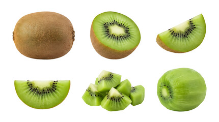 Fototapeta premium Assorted fresh kiwi fruit set isolated on transparent background for healthy food design and recipes