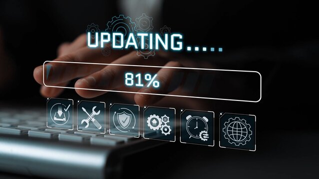 Hands Typing on Keyboard with Digital Update Progress Bar on Screen Showing 81 Percent Completion and Technology Icons in the Background Sigmoid