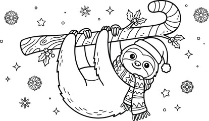Fototapeta premium Cute sloth wrapped in a knitted scarf hanging from a branch, surrounded by floral patterns