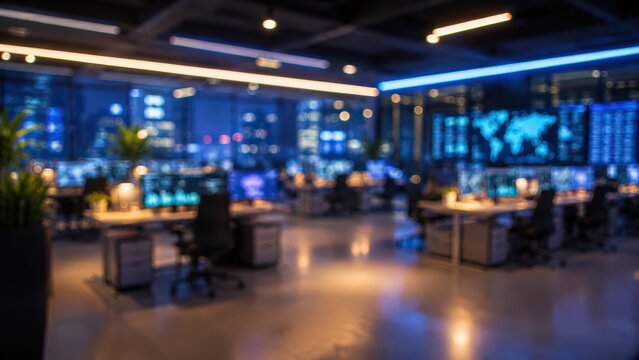 Blurred modern high tech office control room data center workspace computer monitors cybersecurity network operations center at night