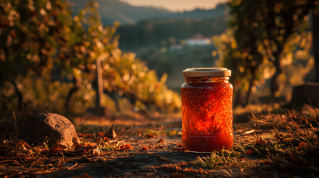 Authentic jar of raw Sundarbans Honey placed on the ground in a beautiful natural landscape, Bangladesh