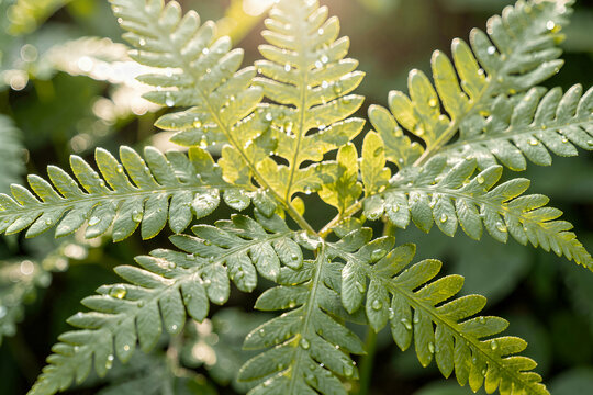 Macro Shot of Dew-Kissed Fern Fronds with Soft Backlighting