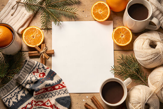 Cozy Winter Flat Lay with Oranges, Yarn, and Hot Chocolate Ingredients
