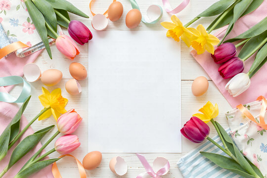 Spring Flat Lay of Tulips, Daffodils, Eggs, and Pastel Fabrics