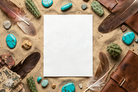 Desert Boho Flat Lay with Turquoise Stones, Feathers, and Leather Background