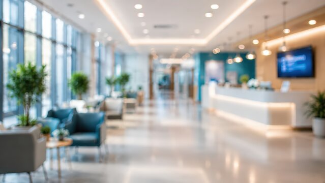 Blurred modern lobby reception area interior office hotel hospital medical clinic bright background architecture professional design furniture