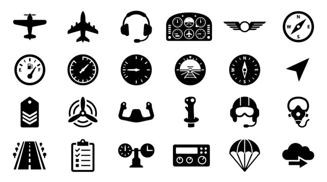 Black aviation and travel icons set.