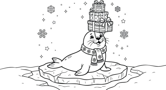 Santa claus balancing stack of wrapped christmas presents on surfboard in ocean waves gifts wrapped packages
