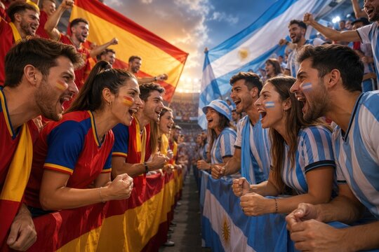 Excitement fills stadium as fans passionately support teams, vibrant flags waving
