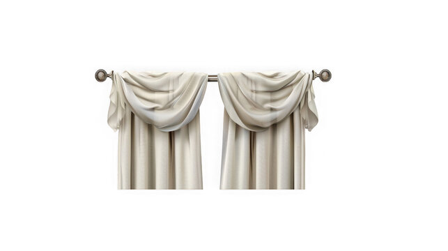 Elegant beige fabric window curtains draped over a decorative metallic rod with ornate finials presented as a cutout on transparent background with caps isolated transparent