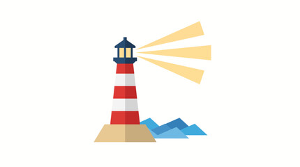 Lighthouse stands tall on the coast while projecting a guiding light over the blue waves. © NGLARANGAN