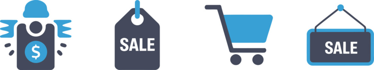 Flat sale shopping icons with money and cart © MDBAKUL