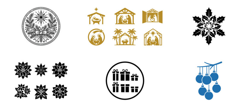 Christmas Icons: Nativity Scenes, Snowflakes, Gifts, Ornaments