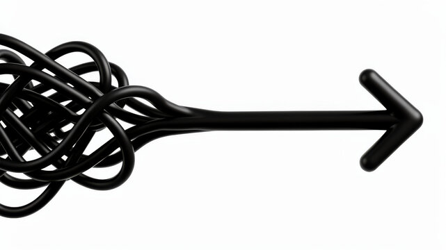 Chaotic black lines gradually resolve into a bold straight arrow on white background symbolizing clear direction problem solving focused decisions and strategic progress