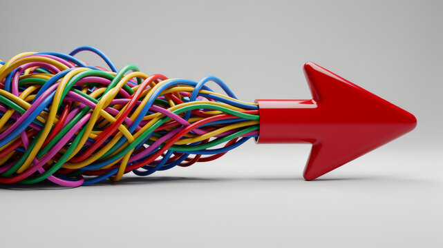 Colorful tangled cables merge into a strong red arrow illustrating organized complexity streamlined communication decisive action and efficient business transformation