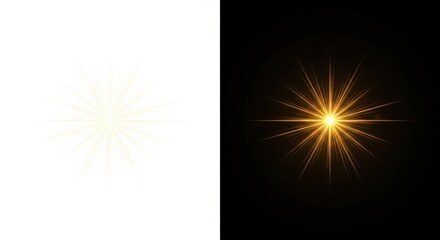 Fototapeta premium Golden Starburst Lens Flare Light Effect Isolated on White and Black Backgrounds for Graphic Design Projects