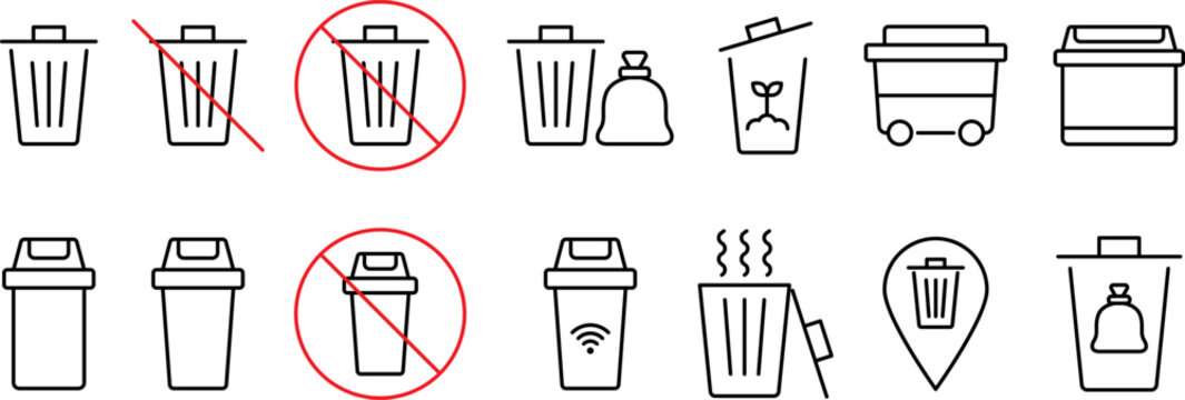 Waste management icons set. Garbage disposal and recycling signs for urban environment.