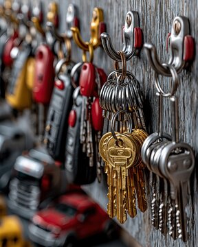 Collection of assorted keys hanging on hooks against a wooden textured wall, showcasing variety and organization