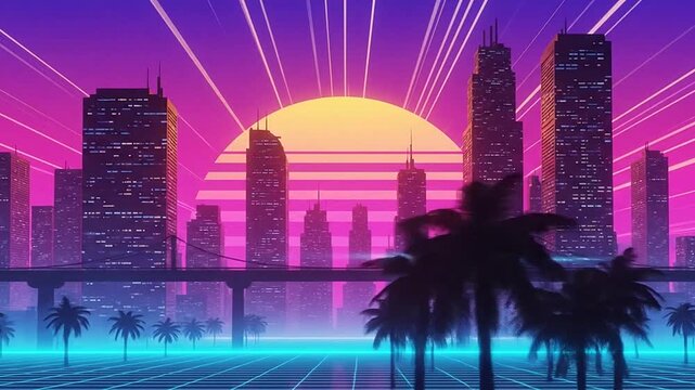 Vibrant Retro Synthwave Cityscape at Sunset with Palm Trees and Glowing Neon Lights. Futuristic Urban Landscape Aesthetic.