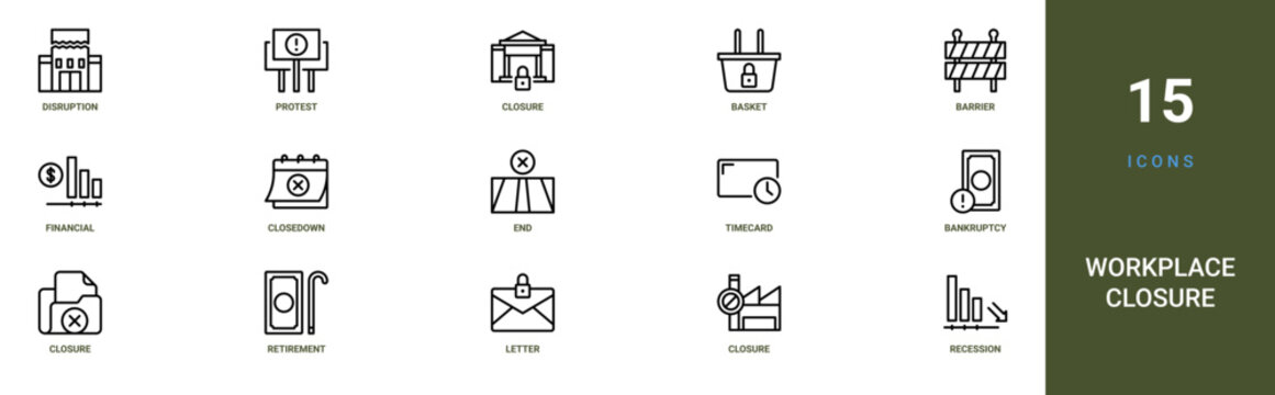 Set of 15 outline web Workplace Closure icons such as recession, closure, letter, retirement, closure, bankruptcy, timecard vector icons for report, presentation, diagram, web design, mobile app