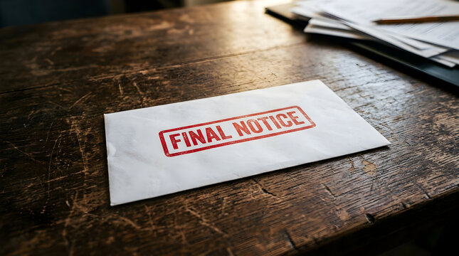 Communication Concept with Final Notice Envelope on Wooden Table Indoor