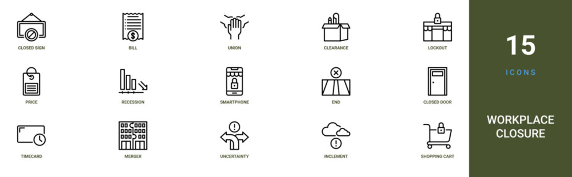 Set of 15 outline web Workplace Closure icons such as shopping cart, inclement weather, uncertainty, merger, timecard, closed door, end vector icons for report, presentation, diagram, web design,