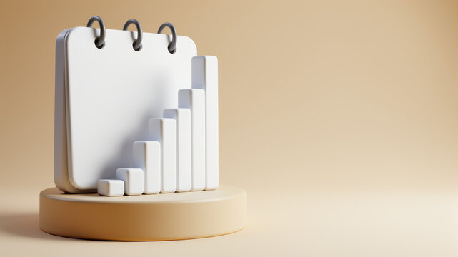 White notebook with ascending paper bars on a warm beige background visualizes steady growth measurable achievement business planning and organized performance review