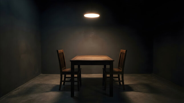 Wooden Table and Chairs in Dramatic Indoor Setting Symmetrical Light